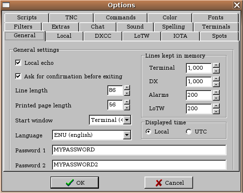 Options window